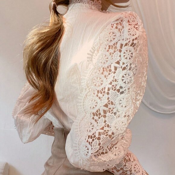 Apricot Elegant Women's Mock Neck Victorian Lace Puff Sleeve Shirt Blouse - Picture 2 of 4